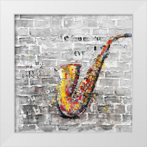 Graffiti of a saxophone on brick wall White Modern Wood Framed Art Print by Atelier B Art Studio