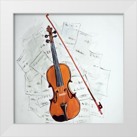 VIOLIN ON MUSIC SHEET White Modern Wood Framed Art Print by Atelier B Art Studio