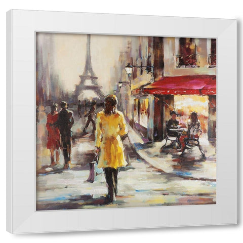 Yellow coat woman walking on the street White Modern Wood Framed Art Print by Atelier B Art Studio
