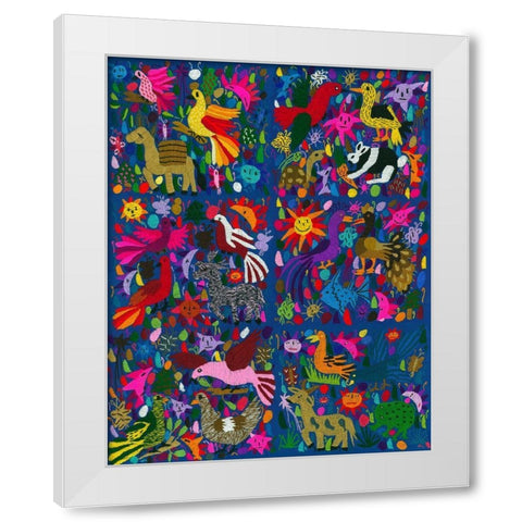 Amazing multicoloured mexican tapestry on blue background White Modern Wood Framed Art Print by anonymous
