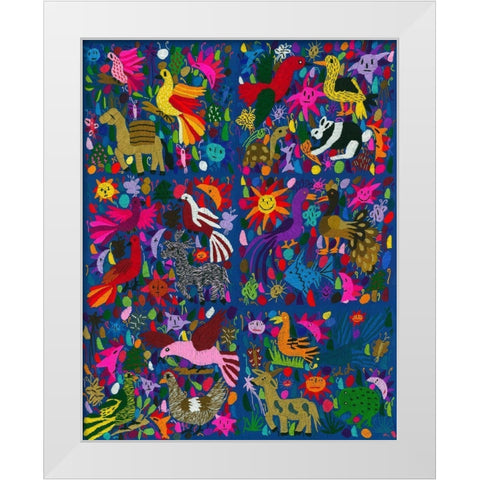 Amazing multicoloured mexican tapestry on blue background White Modern Wood Framed Art Print by anonymous