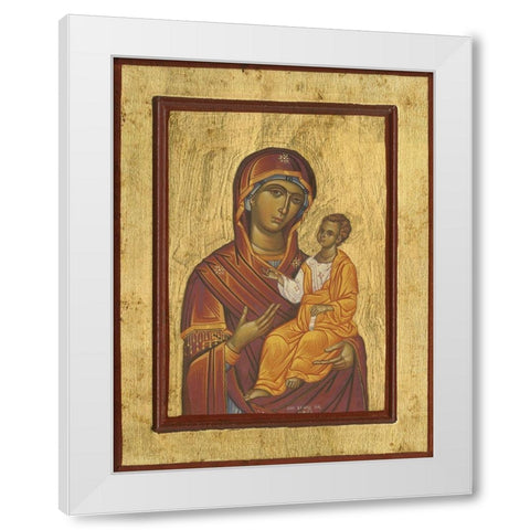 Byzantine Icon Haloed Virgin Mary with Baby Jesus White Modern Wood Framed Art Print by anonymous
