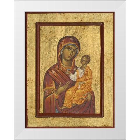 Byzantine Icon Haloed Virgin Mary with Baby Jesus White Modern Wood Framed Art Print by anonymous