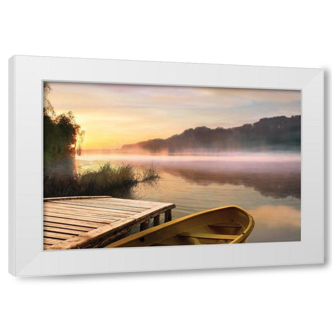 Foggy Boat and Lake White Modern Wood Framed Art Print by Anonymous