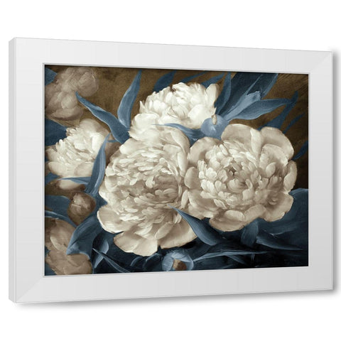 Peonies painting in blue-brown  White Modern Wood Framed Art Print by Anonymous