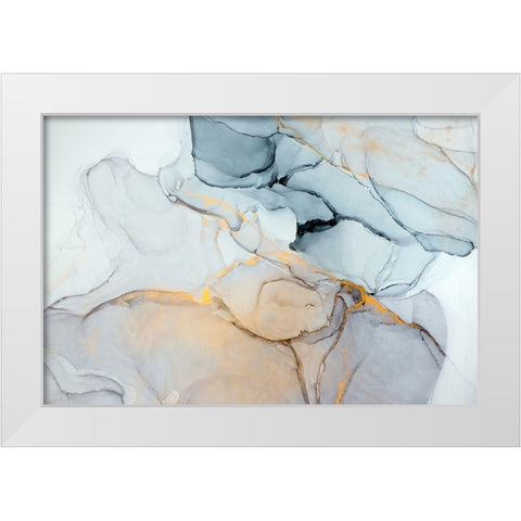 Blue, Grey, Gold Abstract White Modern Wood Framed Art Print by Dein, Mari