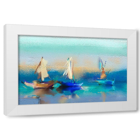 Abstract Seascape and Boats White Modern Wood Framed Art Print by Pornmingmas, N.