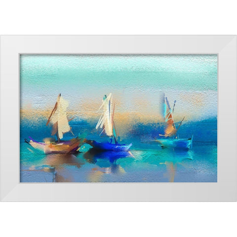 Abstract Seascape and Boats White Modern Wood Framed Art Print by Pornmingmas, N.