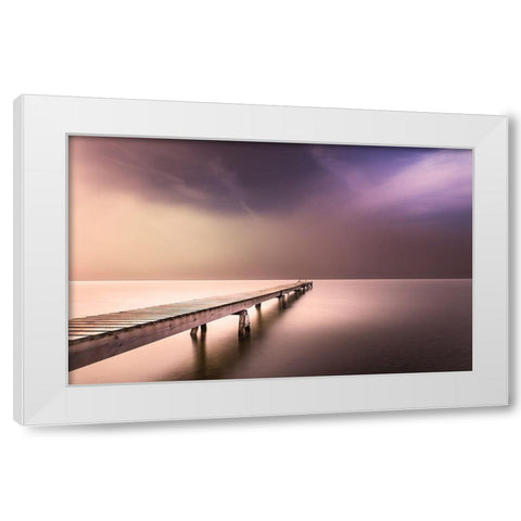 Long Pier in Early Morning White Modern Wood Framed Art Print by Anon.