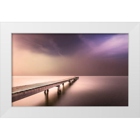 Long Pier in Early Morning White Modern Wood Framed Art Print by Anon.