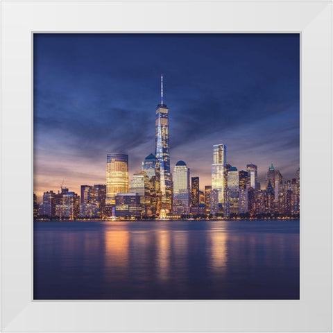 New York City-Manhattan Sunset White Modern Wood Framed Art Print by Masik, Ilja|