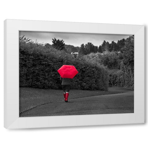Red Boots and Umbrella White Modern Wood Framed Art Print by Anonymous