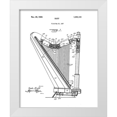 Harp Diagram White Modern Wood Framed Art Print by Anonymous
