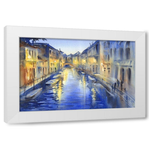 Night Lights on Venetian Canal White Modern Wood Framed Art Print by Lipeikaite, Egle