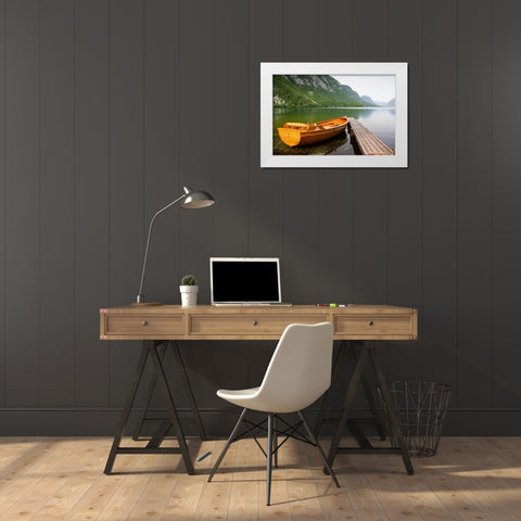 Boat at Lake Pier, Color White Modern Wood Framed Art Print by Anonymous
