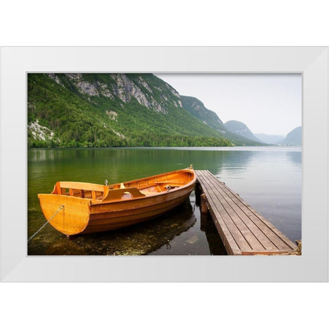 Boat at Lake Pier, Color White Modern Wood Framed Art Print by Anonymous