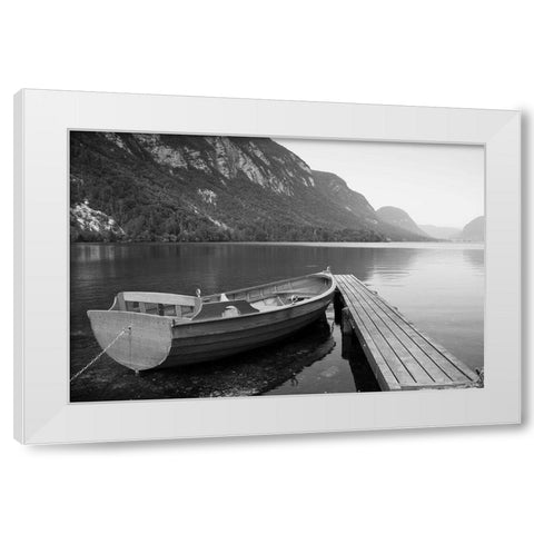 Boat at Lake Pier White Modern Wood Framed Art Print by Anonymous