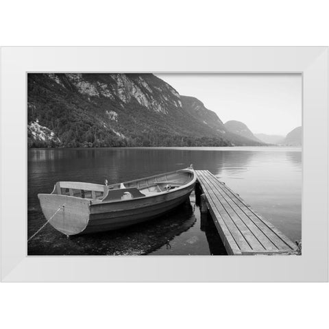 Boat at Lake Pier White Modern Wood Framed Art Print by Anonymous