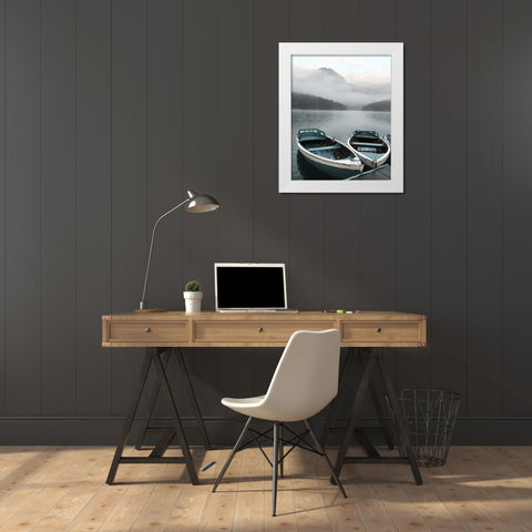Two Rowboats at Pier White Modern Wood Framed Art Print by Anonymous