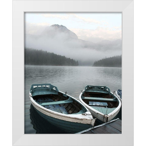 Two Rowboats at Pier White Modern Wood Framed Art Print by Anonymous