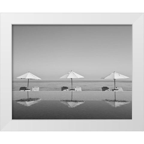Umbrellas by the Sea White Modern Wood Framed Art Print by Anonymous
