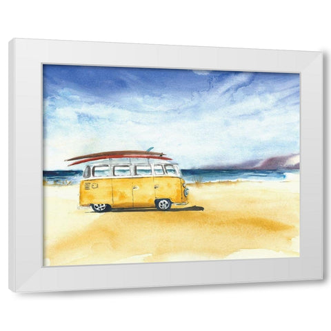 Yellow Minivan with Surfboards White Modern Wood Framed Art Print by Anonymous