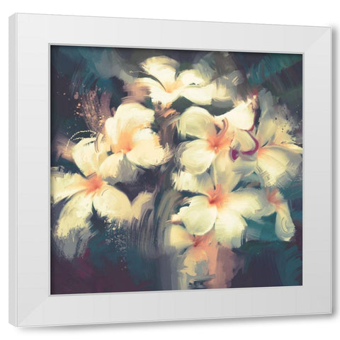 White Flowers in the Dark White Modern Wood Framed Art Print by Anonymous