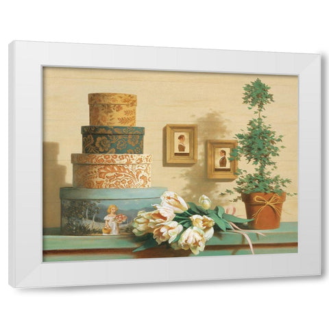 Hat Boxes on Shelf White Modern Wood Framed Art Print by Unknown