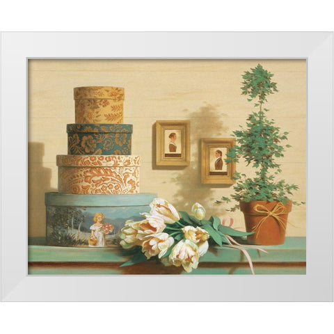 Hat Boxes on Shelf White Modern Wood Framed Art Print by Unknown