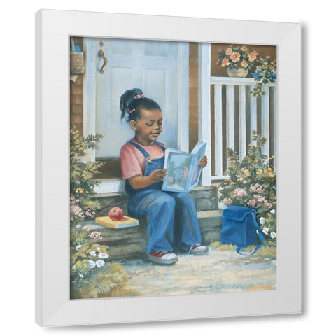 Girl Reading a Book White Modern Wood Framed Art Print by Unknown