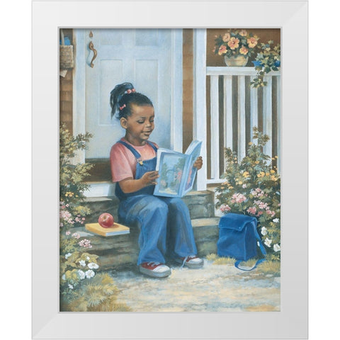 Girl Reading a Book White Modern Wood Framed Art Print by Unknown