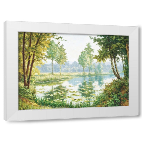 Misty Lake White Modern Wood Framed Art Print by Unknown