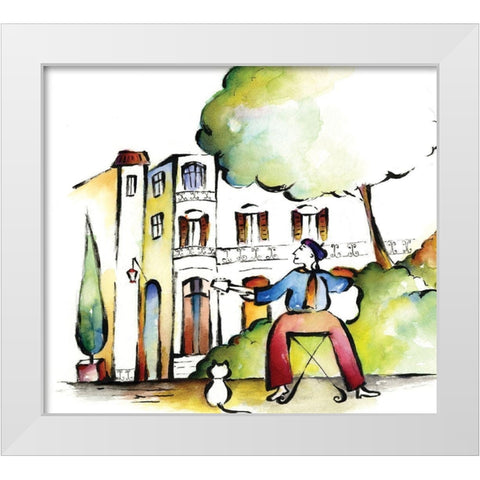 Guitar and Cat White Modern Wood Framed Art Print by Unknown