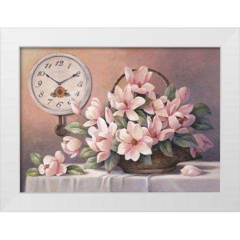 Magnolias and Clock White Modern Wood Framed Art Print by Unknown