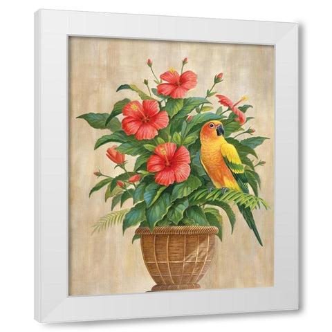 Parrot and Hibiscus White Modern Wood Framed Art Print by Unknown