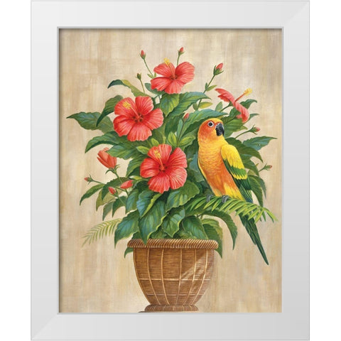 Parrot and Hibiscus White Modern Wood Framed Art Print by Unknown