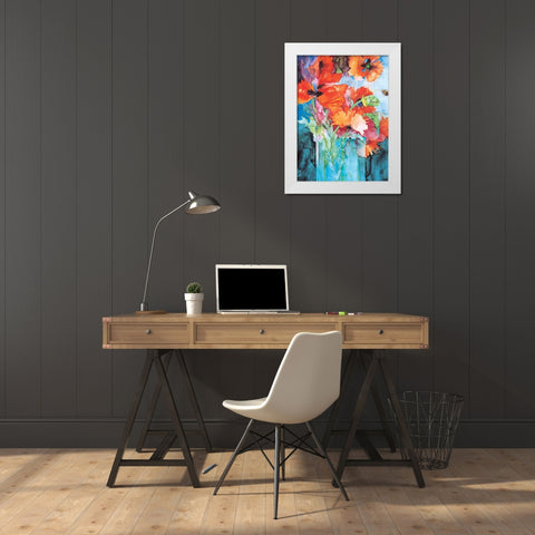 Orange And Blue Floral White Modern Wood Framed Art Print by Unknown