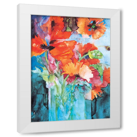 Orange And Blue Floral White Modern Wood Framed Art Print by Unknown