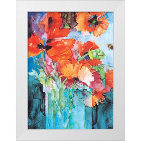 Orange And Blue Floral White Modern Wood Framed Art Print by Unknown