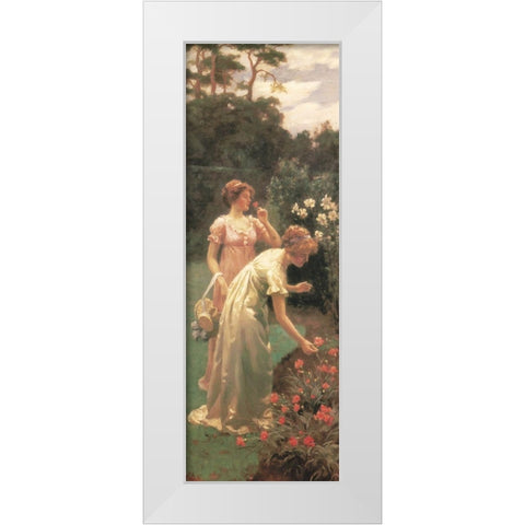 Picking Flowers White Modern Wood Framed Art Print by Unknown