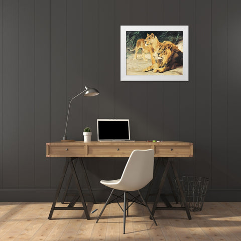 Two Lions White Modern Wood Framed Art Print by Unknown