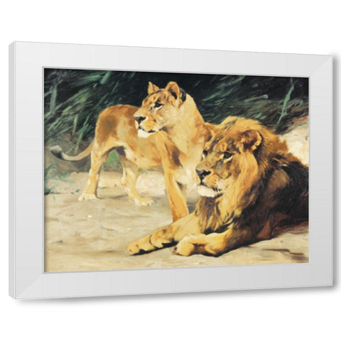 Two Lions White Modern Wood Framed Art Print by Unknown