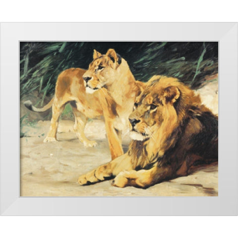 Two Lions White Modern Wood Framed Art Print by Unknown