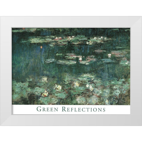 Green Reflections White Modern Wood Framed Art Print by Monet, Claude