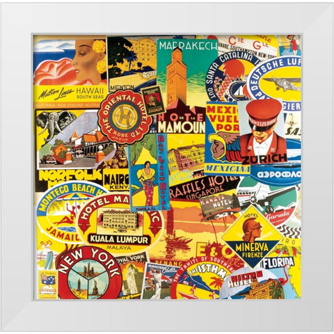 Travel Stickers Collage White Modern Wood Framed Art Print by Unknown