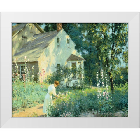 Picking Flowers White Modern Wood Framed Art Print by Unknown