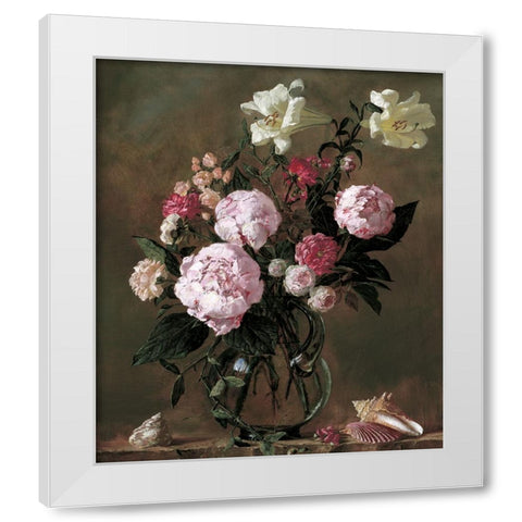 Flowers And Sea Shells White Modern Wood Framed Art Print by Unknown