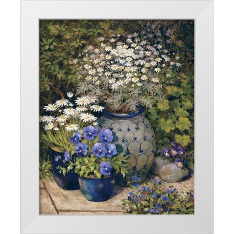 Blue Vases And Flowers White Modern Wood Framed Art Print by Unknown