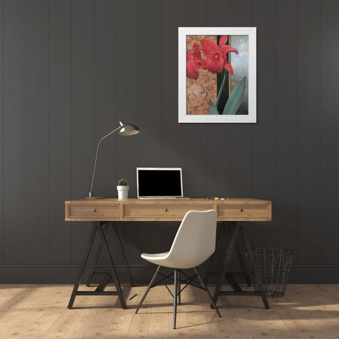 Red Orchid Teal Damasque White Modern Wood Framed Art Print by Unknown