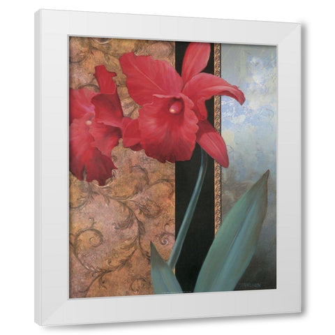 Red Orchid Teal Damasque White Modern Wood Framed Art Print by Unknown